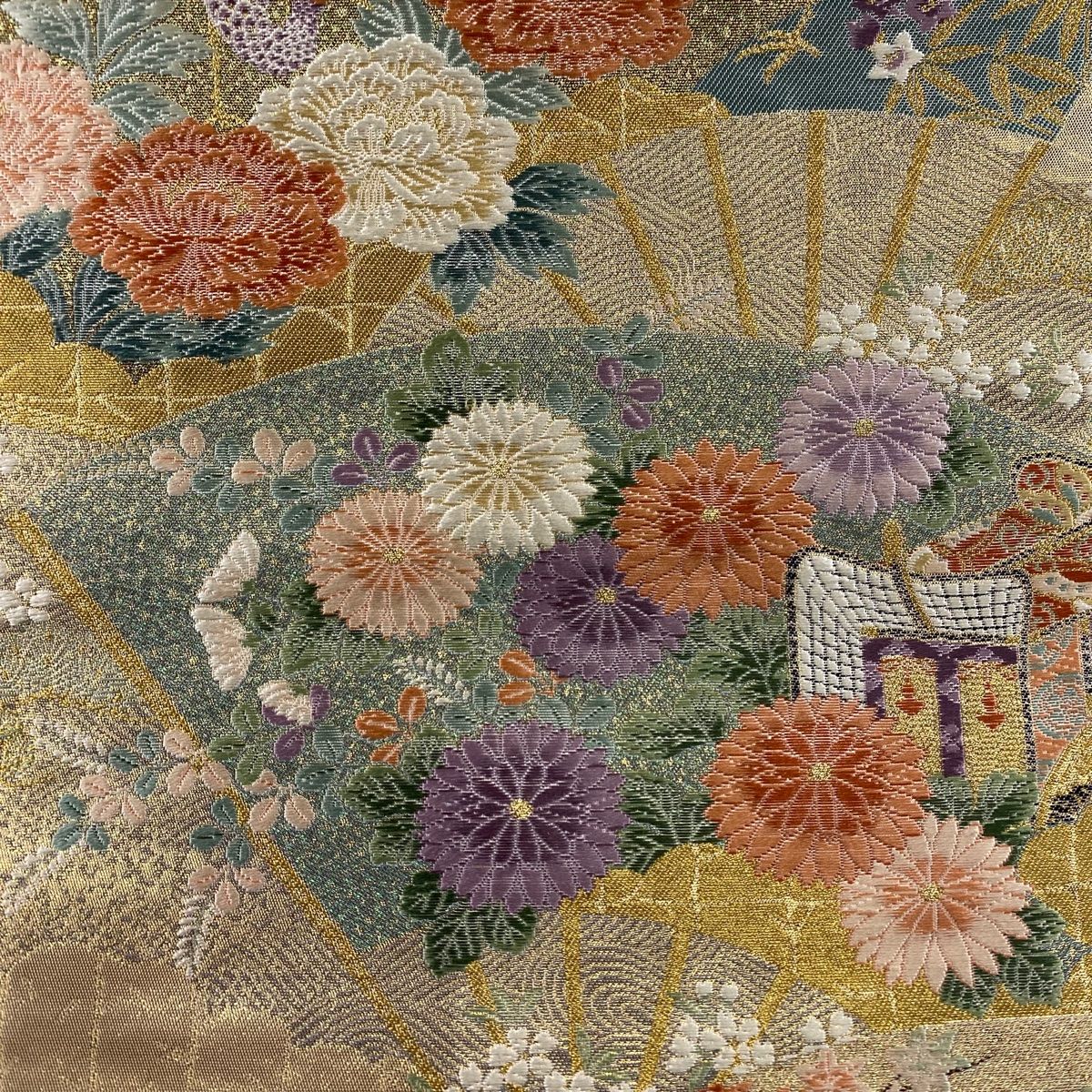 未着用　美品　袋帯　花　孔雀　金糸　着物　帯　007k 袋帯 美品 秀品 振袖向け 孔雀 草花 金糸 金彩 青緑 六通 正絹