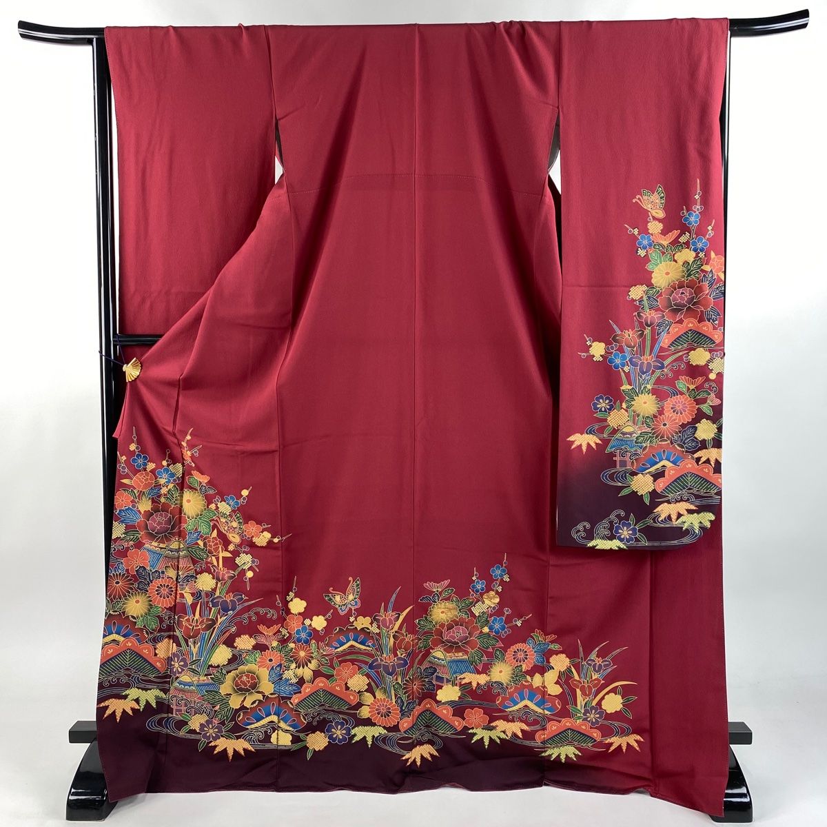 振袖 身丈172.5cm 裄丈66.5cm M 袷 家屋 松竹梅 ぼかし えんじ色 正絹 秀品