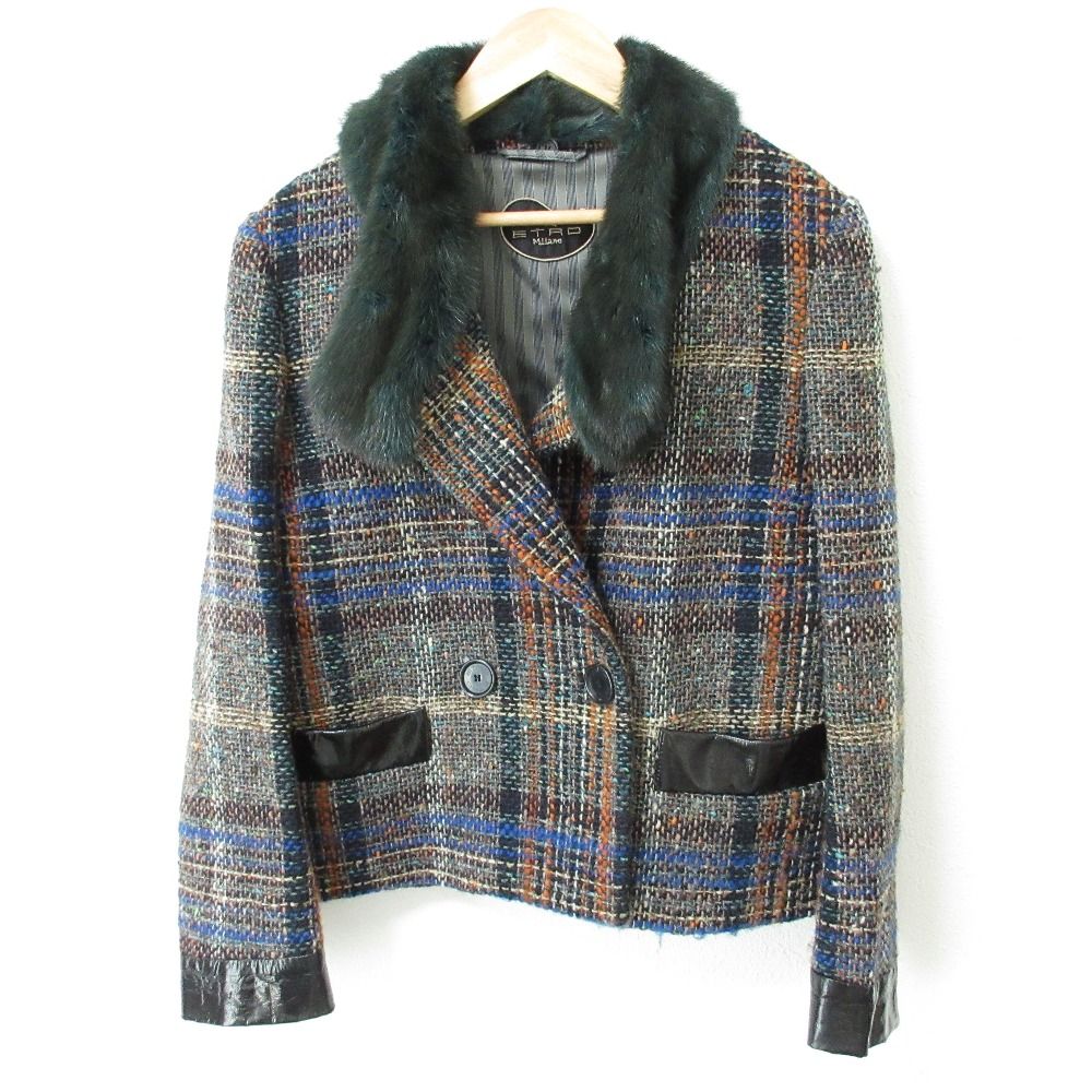 ETRO エトロ ミンク ファー ウール 袖レザー ダブルブレスト ツイードジャケット 42 マルチ レディース 古着