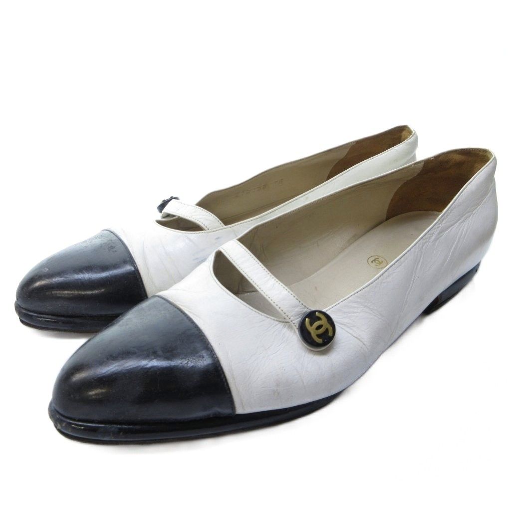 シャネル CHANEL ローファー モカシン ココマーク ラウンドトゥ バイカラー 白 ホワイト 黒 ブラック 約24cm IBO81