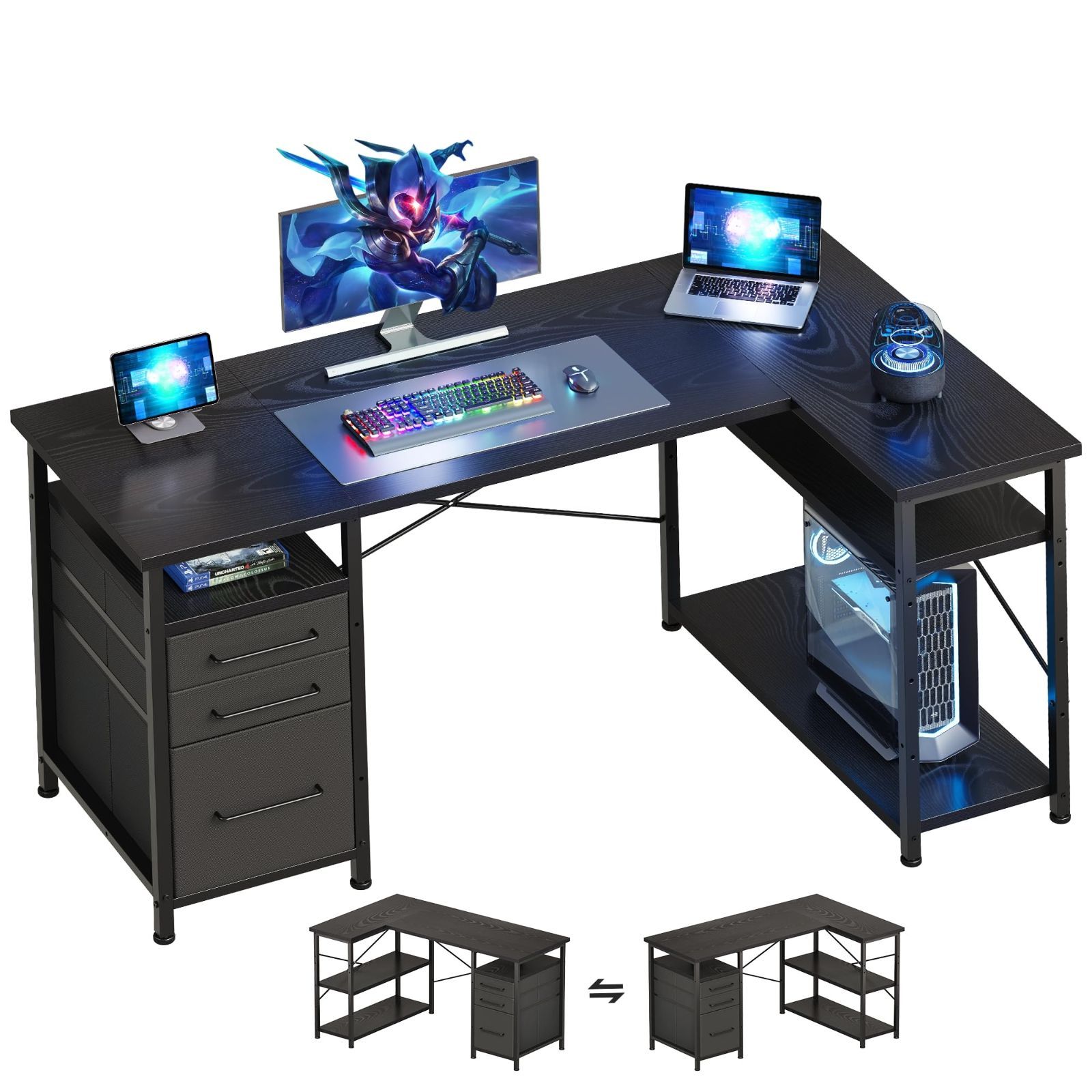 商品 Maihail ゲーミングデスク パソコンデスク l字デスク 机 勉強机 学習机 右棚左棚 幅120cm pcデスク コーナーデスク 本棚付き 引き出し付き 幅120cm ブラック MARWIL-DEMENAGEMENTS_CH