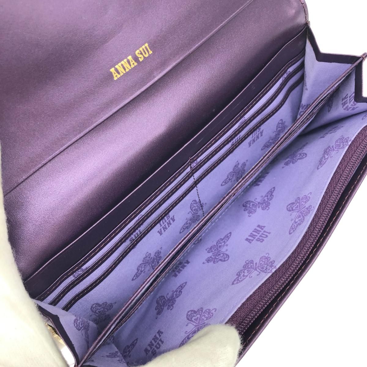 美品 ANNA SUI アナスイ 二つ折り長財布 財布   パープル エナメル レディース ハリー/アルファベットロゴ/口金/スタッズ　240001148294 美品 ANNA SUI アナスイ 二つ折り長財布 財布 パープル エナメル