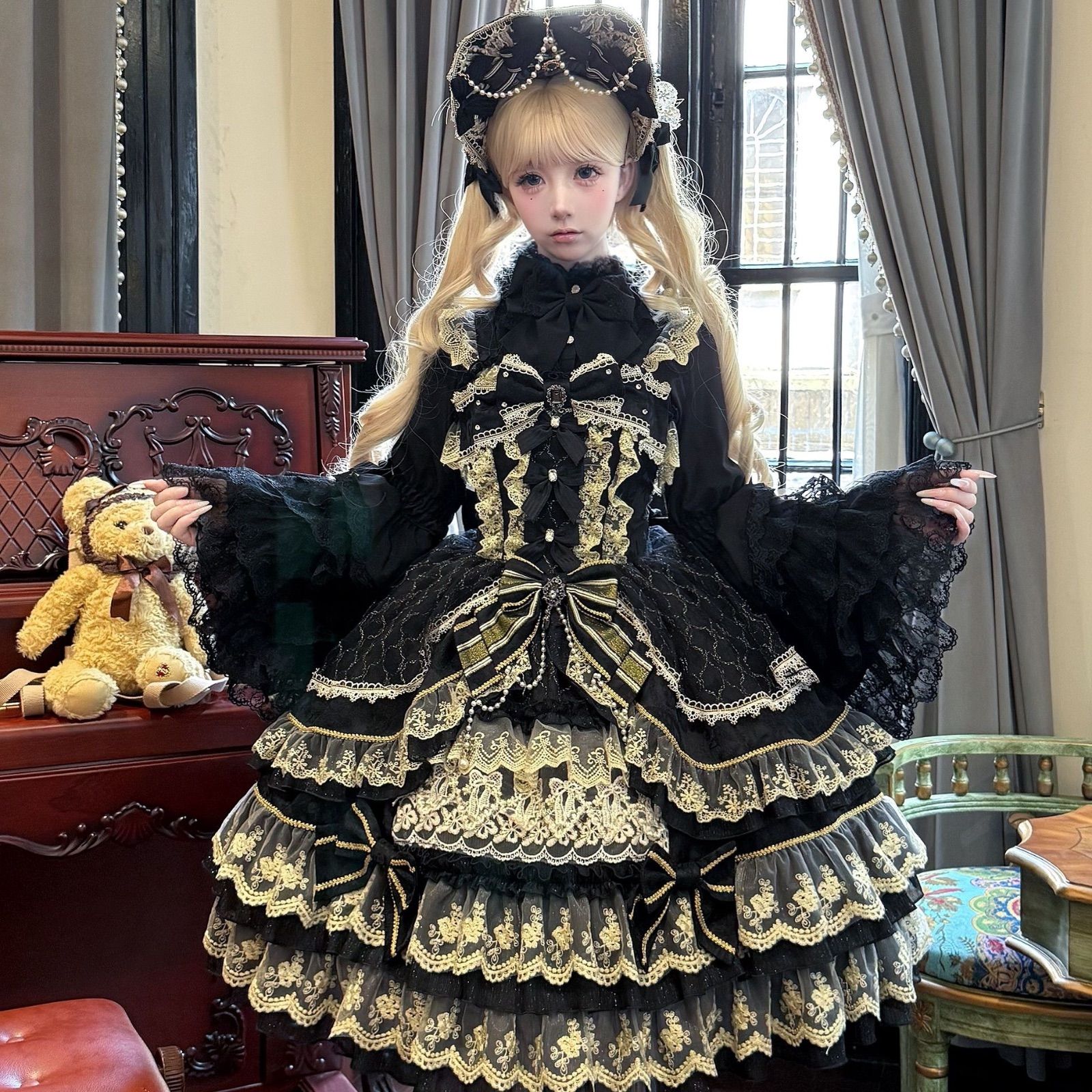 星海宝石 ゴシック ロリータドレス ロリィタ お茶会  JSK 5点セット Sweetロリータ JSK ピュアカラー ロリータドレス ゴスロリ
