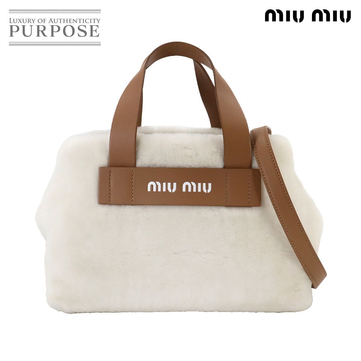 未使用 展示品 ミュウミュウ MIUMIU 2way トート バッグ シープファー レザー ホワイト ブラウン 5BA085 シルバー 金具  90253140 - メルカリ