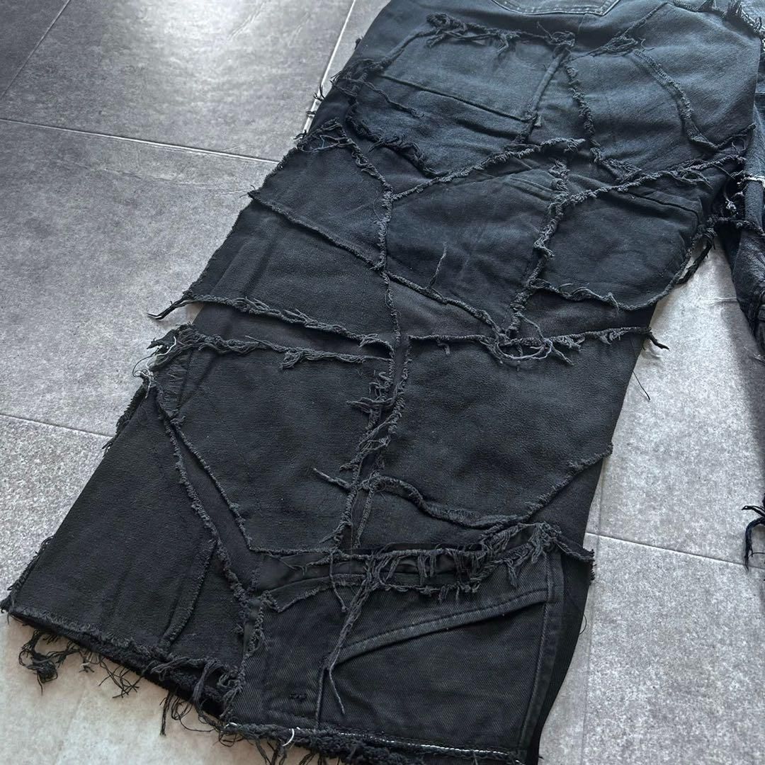 再構築フレア デニム リメイク パンツ ブラック 黒 ワイド 古着 