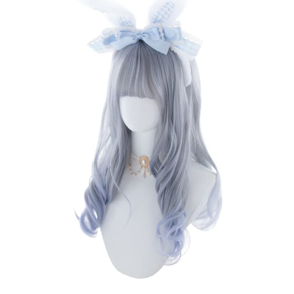 【在庫一掃】（グレー レディース 水色） メッシュ 耐熱 ロング 巻き髪 ゴスロリ 森ガール ゆめかわいい コスプウィッグ お姫 GAL系 小顔 パーティー 原宿風 仮装 日常 ウィッグ かつら wig ロ