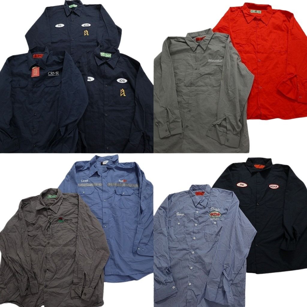 古着卸 まとめ売り ワーク 長袖シャツ 9枚セット (メンズ XL /2XL /3XL /4XL ) ネイビー ワッペン ストライプ  グレー オレンジ MU9760
