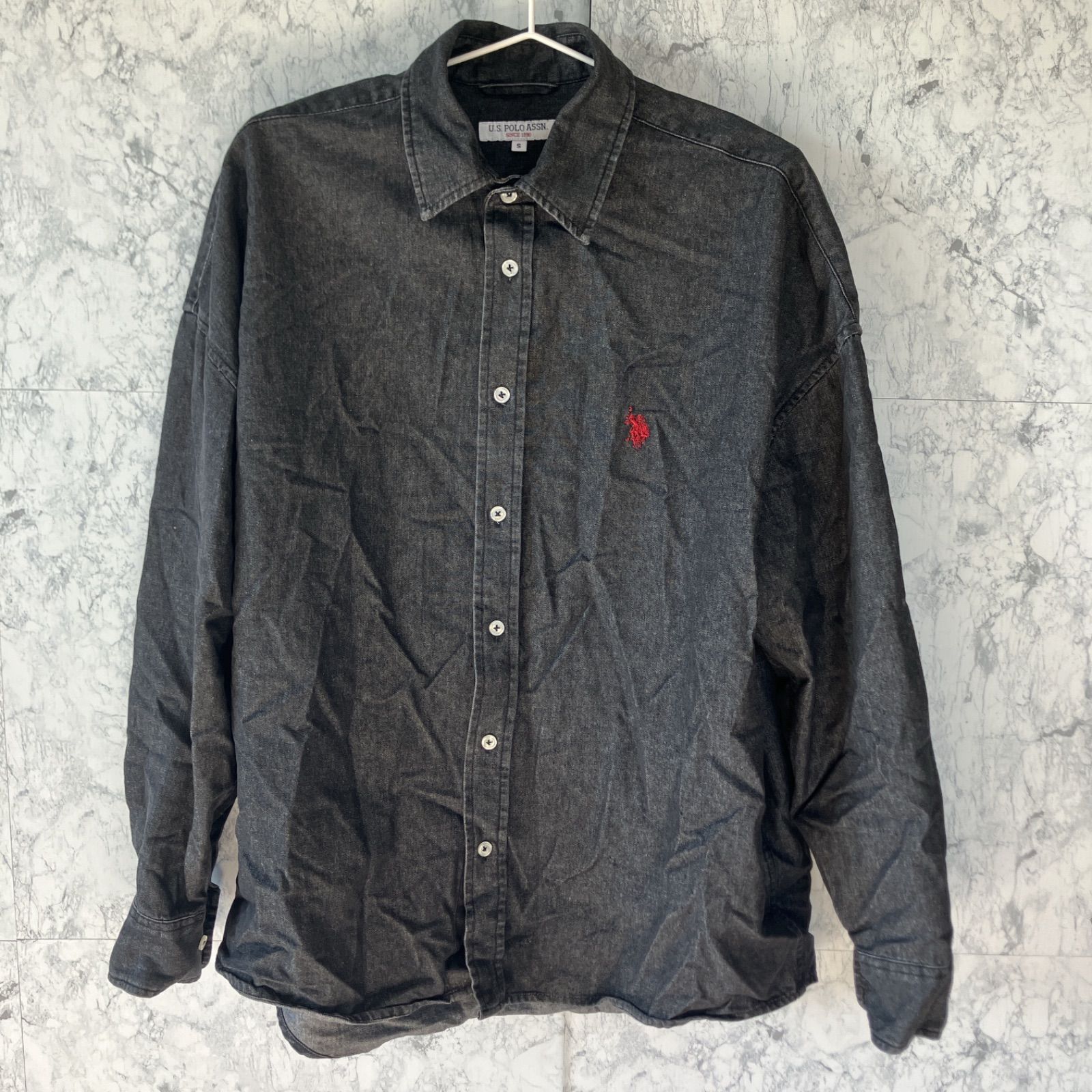 POLO ASSN ポロ デニムシャツ S 黒 ブラック 薄手 長袖 ロゴ ゆったり 羽織 カジュアル 春 綿