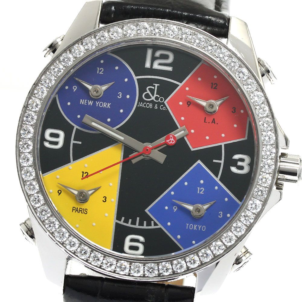 ジェイコブ JACOB&Co. 5タイムゾーン ダイヤベゼル 腕時計 クォーツ JACOB&CO ベルト訳あり内箱付き【JACOB&CO】ジェイコブ 5タイム