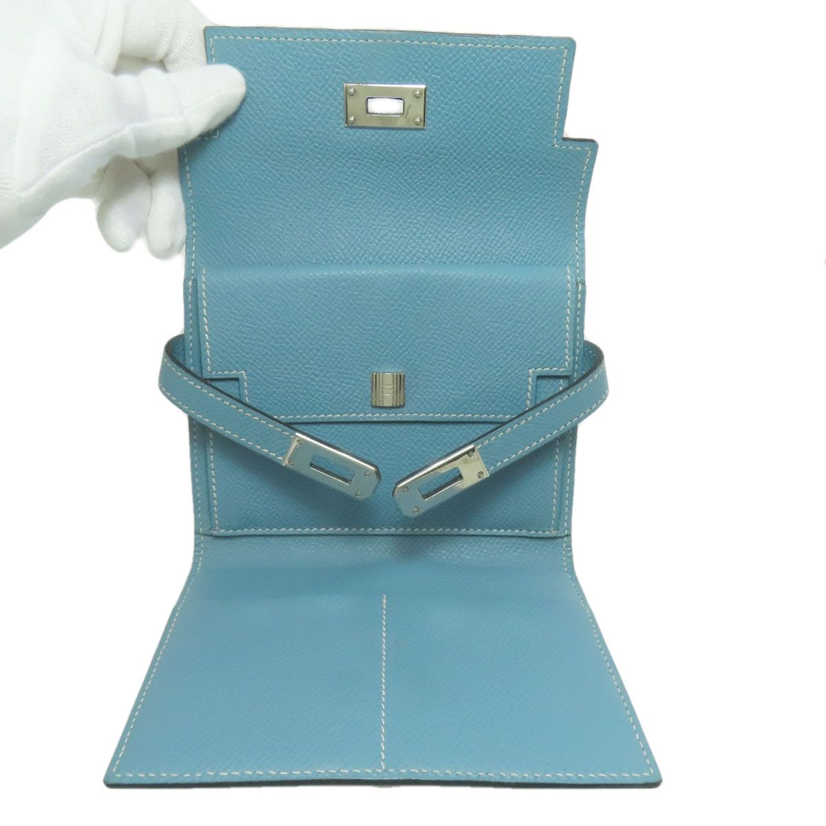 HERMES エルメス ケリーウォレットコンパクト ブルージーン シルバー  