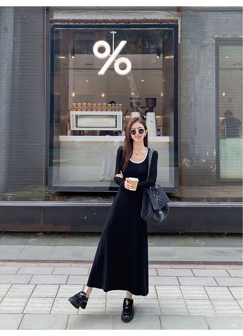 ♥ 大人気 春のお出かけニットロングワンピースコントラストカラーUネック長袖