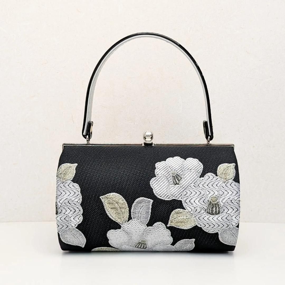 和装 草履バッグセット 帯地 椿 黒×銀 3枚芯 フリーサイズ k16-5 草履バッグセット 振袖 日本製 彩小径 IROKOMICHI Lサイズ 黒