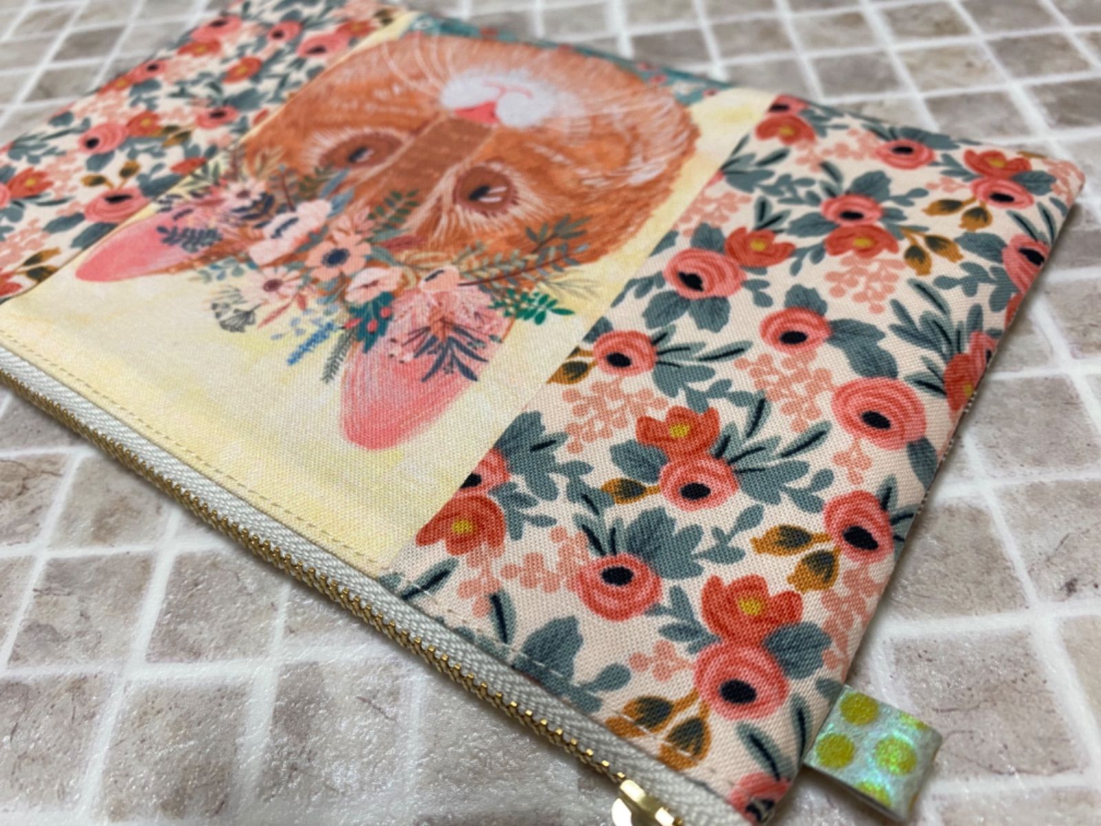 ハンドメイド☆ぺたんこポーチ☆花冠猫ちゃんオレンジ系 - Osanp