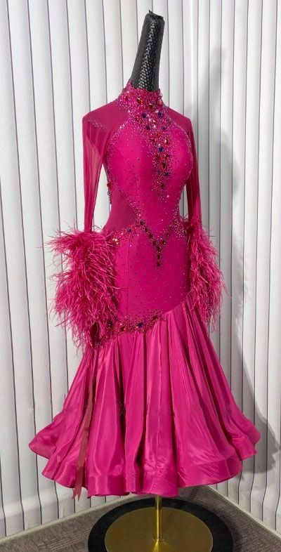 新品 社交ダンスドレス 衣装 スタンダード ブラック ピンク フェザー