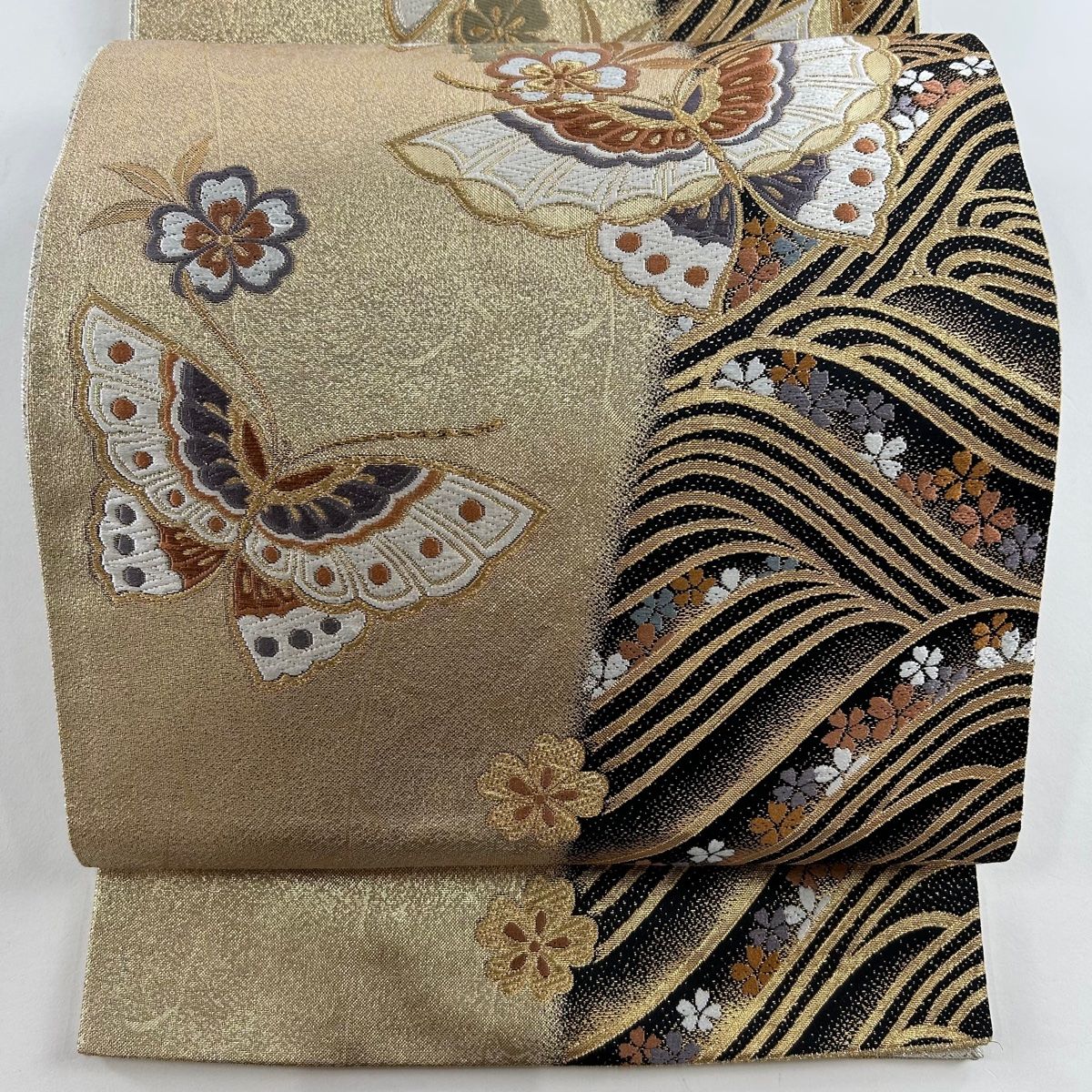 袋帯 美品 秀品 蝶 桜 金銀糸 箔 金色 六通 正絹 【中古