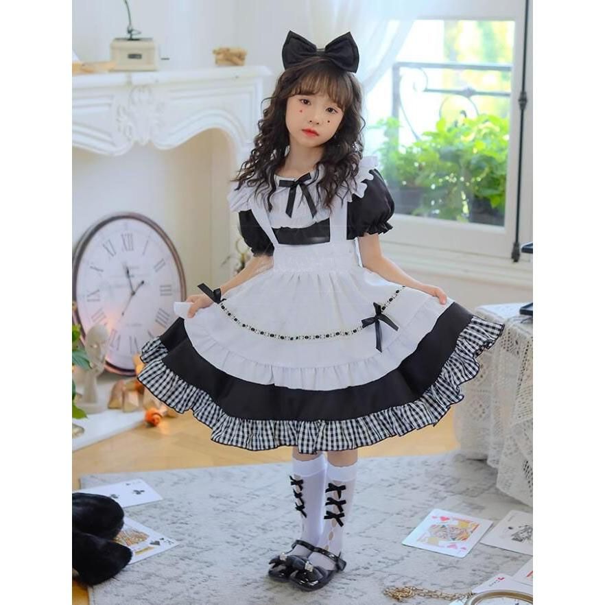 メイド服5点セット 子供服 女の子 メイドコス ハロウィン コスプレ衣装 半袖 長袖 黒白 チェック フリル メイド服 可愛い ウェイトレス キッズ ジュニア リボン