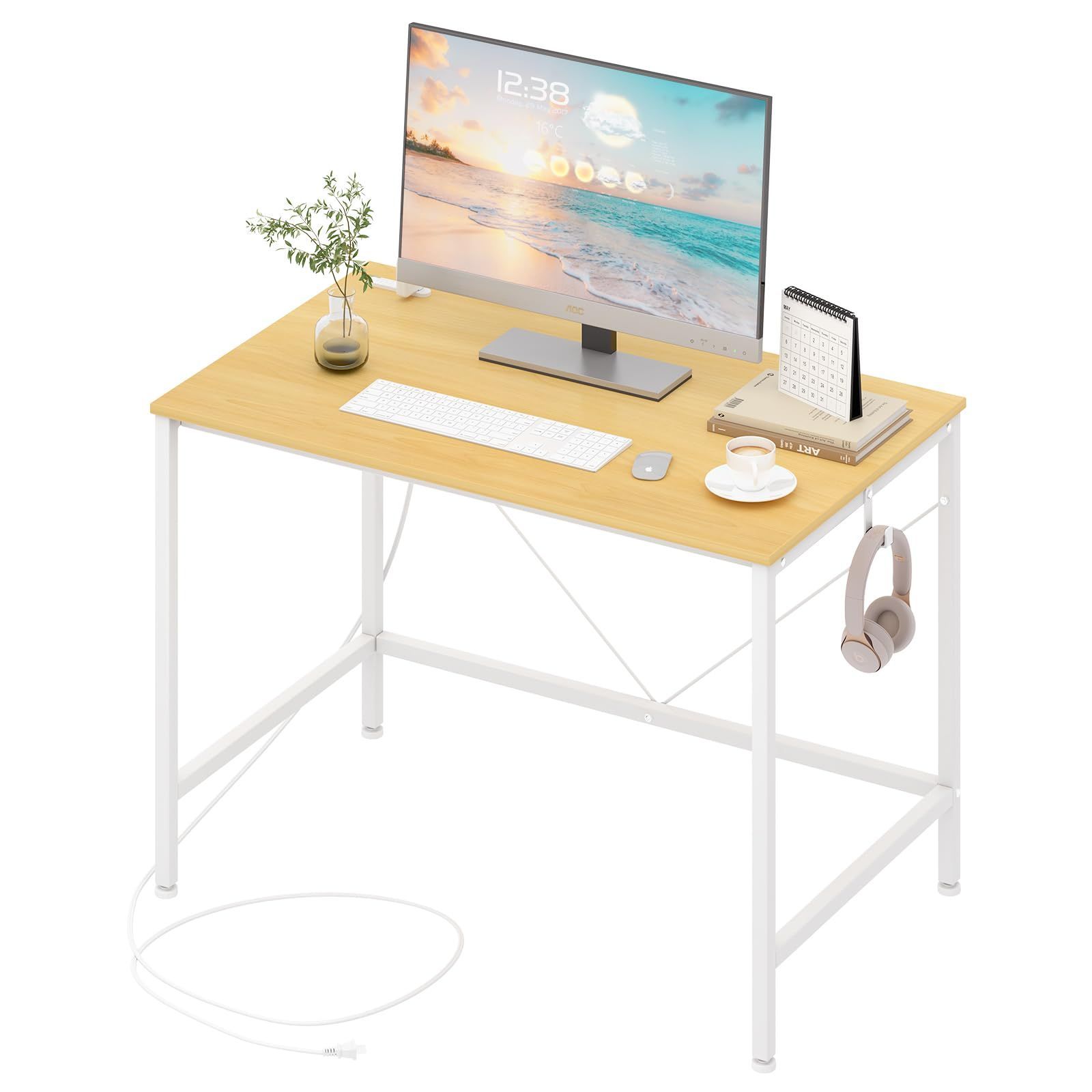 在宅ワーク ゲーミングデスク オフィス フック付き コンセント付き ノートパソコン用 勉強机 在宅勤務 シングルデスク PCパソコンデスク おしゃれ テレワーク 組立簡単 幅100奥行60高さ70cm 工具不要 机 耐震転倒防止 ナチュラル ワークデスク 幅1