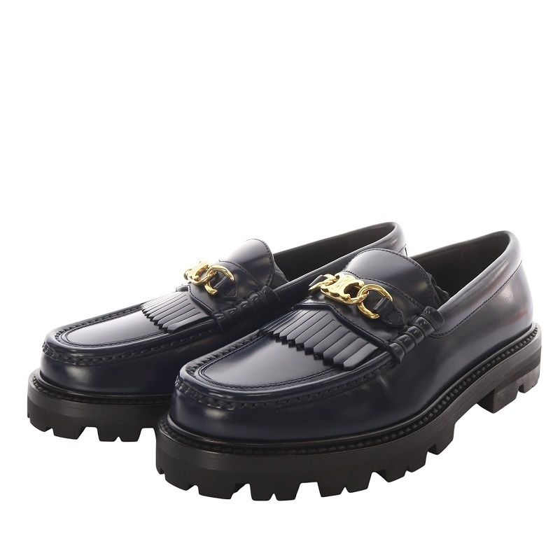 【美品】CELINE トリオンフチェーン付き マーガレット ローファー Navy トリオンフチェーン付き CELINEマーガレット ローファーネイビー