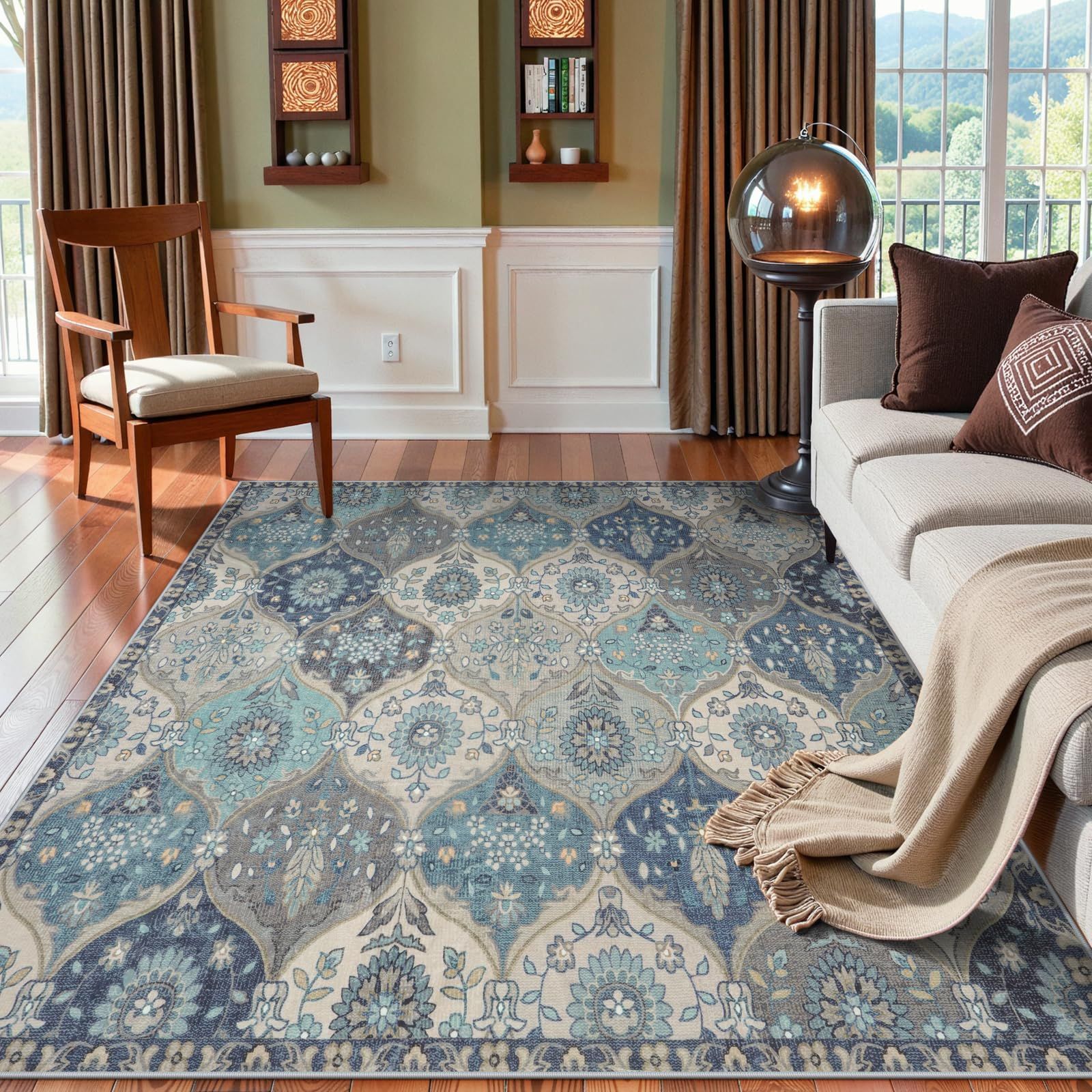 HAOCOO カーペット ラグ 2畳 洗える 185×185cm 正方形 ホットカーペット対応 絨毯 モロッコ柄 ラグマット ふわふわ オールシーズン適用 滑り止め 防ダニ 防臭 防音 リビング ダイニングマット アンティーク ペルシャ風 ブルーグレー