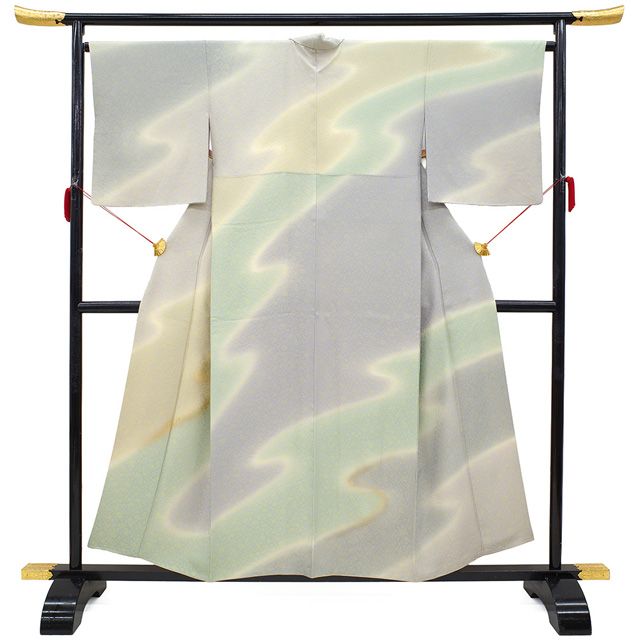 新古品 訪問着 着物 ♥ 正絹 袷 霞ぼかし 灰青 淡抹茶 グリーン 黄金糸 花唐草 金彩加工 箔散らし セミフォーマル カジュアル 上 春 秋 冬 仕立て上がり 身丈155 裄丈66.5 Ｍサイズ みやがわ sb16365