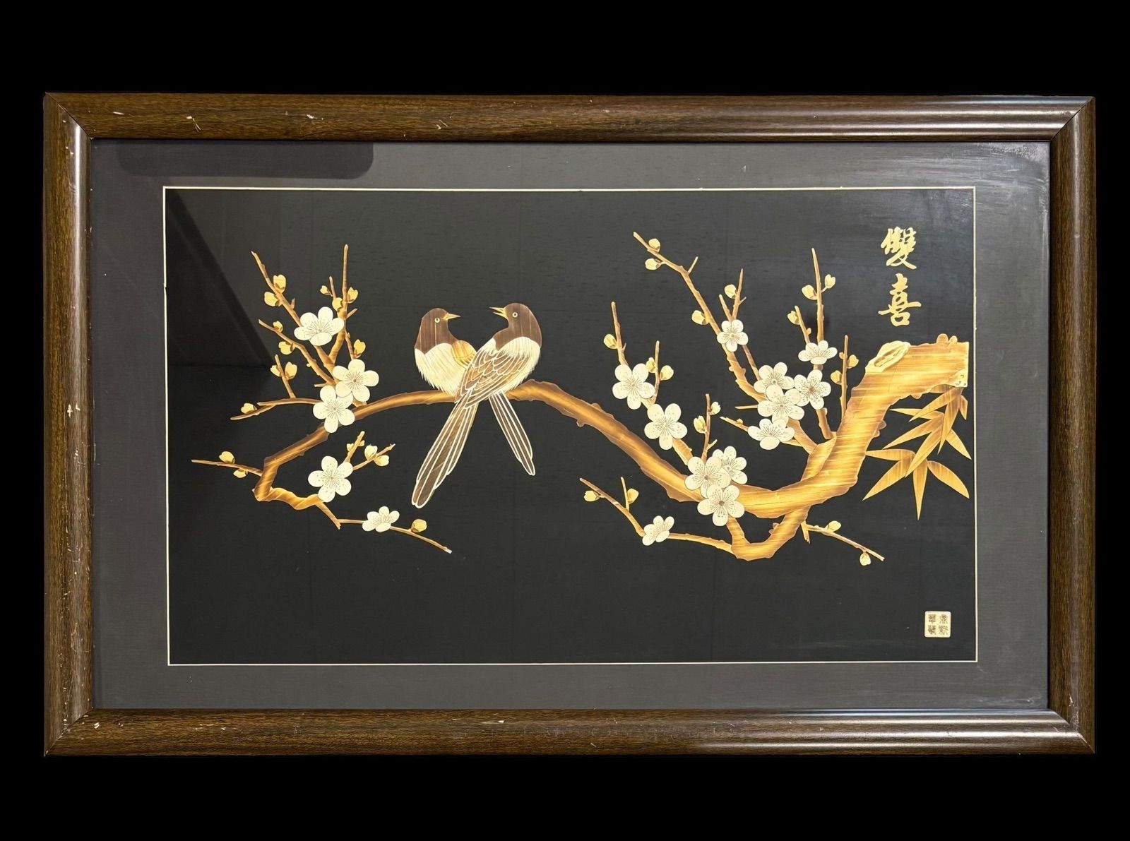 中国現地買入 おしどり 切り絵 貼り絵 中国 梅 風景 額 版画 アート イラスト 中国雑貨 アンティーク