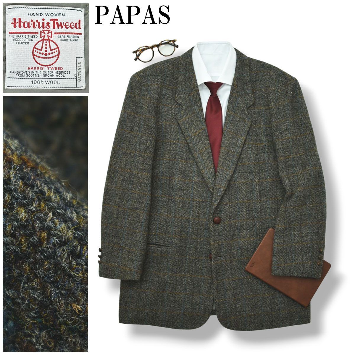 【美品】パパス ハリスツイード テーラードジャケット くるみボタン ネイビー L 美品】 パパス PAPAS ハリスツイード Harris Tweed ピンチェック