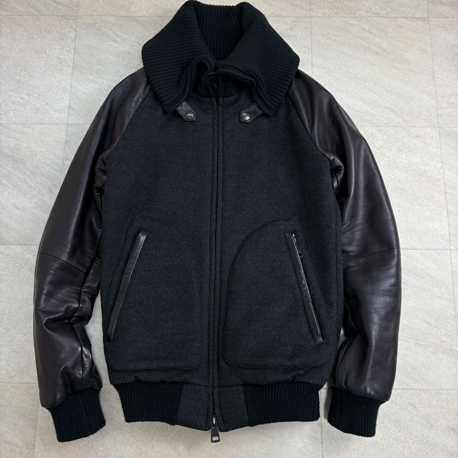 1piu1uguale3 ウノピゥウ スタジャン ブルゾン カシミヤ混 ラムレザー切り替え