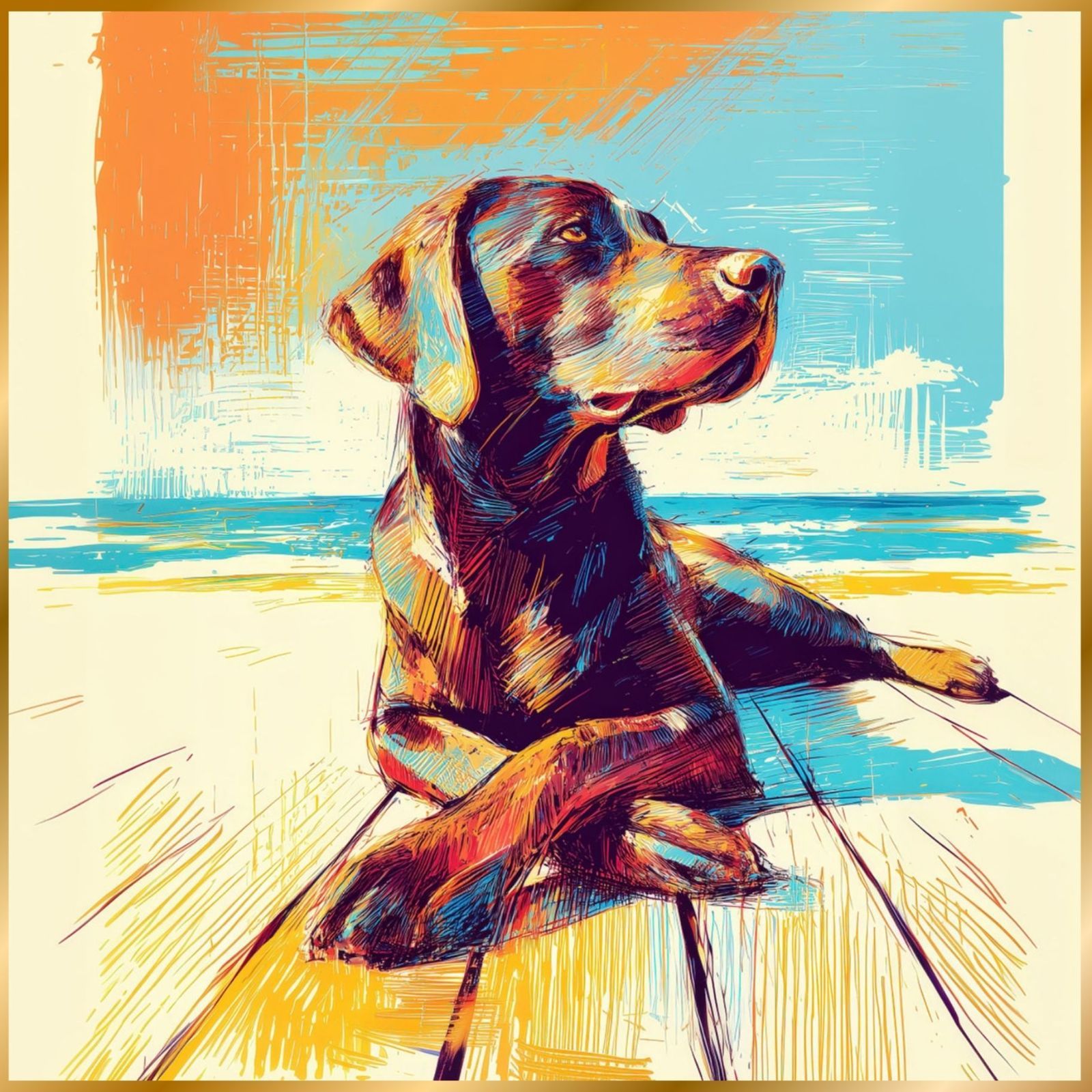 チョコレートラブラドールレトリバー犬とビーチのスケッチ No.2 海 犬の絵 犬のイラスト おしゃれ ミニマリスト ミニマリズム シンプル インテリアアート ペットロス うちの子 記念日 アートポスター ギフト プレゼント