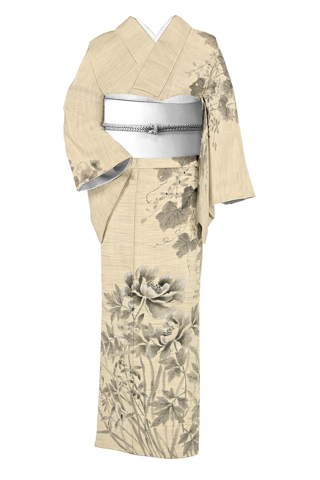 サンドベージュの節織りの”シルク”のチャイナカラーのチュニックワンピース！裾も不揃いでラフなデザイン！後ろカッティングも素敵！ 野蚕糸工房 特選本手描き友禅タッサーシルク紬着物 ≪御仕立て上がり