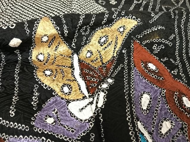 平和屋着物○豪華振袖 総絞り 舞蝶文 黒地 金銀彩 正絹 逸品  