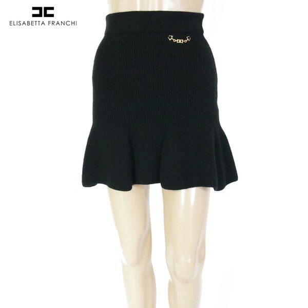 80%OFF エリザベッタフランキ ELISABETTA FRANCHI スカート38 ESK702 XSサイズ ブラック レディース ニットスカート リブ編み 裾フ ミニ丈 イタリア製