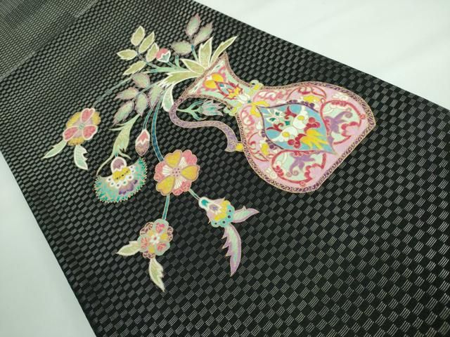 平和屋本店■極上　SALAMU サラム　藤井勝比琥　両面　太鼓柄袋帯　花瓶更紗　黒地　金彩　逸品　DZAA5414kh5 平和屋本店□極上 SALAMU サラム 藤井勝比琥 両面 太鼓柄袋帯 花瓶更紗