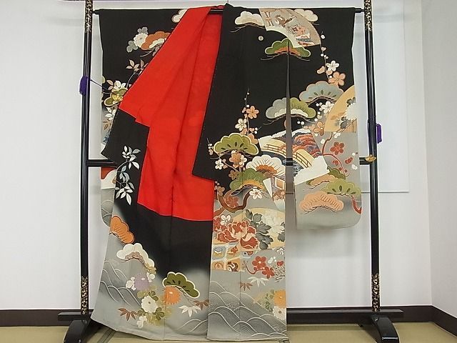 平和屋1□極上 アンティーク 大正ロマン 振袖 駒刺繍 渡り橋草花文 暈