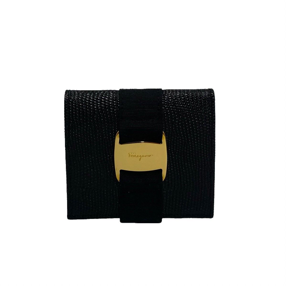 極 美品 サルバトーレフェラガモ ヴァラリボン レザー 二つ折り 財布 ブラック