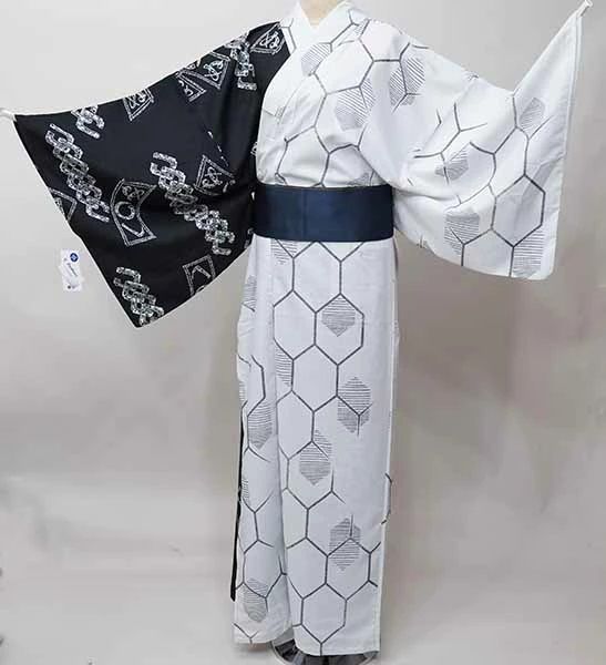 浴衣 帯 下駄 信玄袋 腰紐2本 6点フルセット 男性用 半身仕立て CooPass 合繊 4L-5L 約175cm～ 白色×黒色 NO42138-2