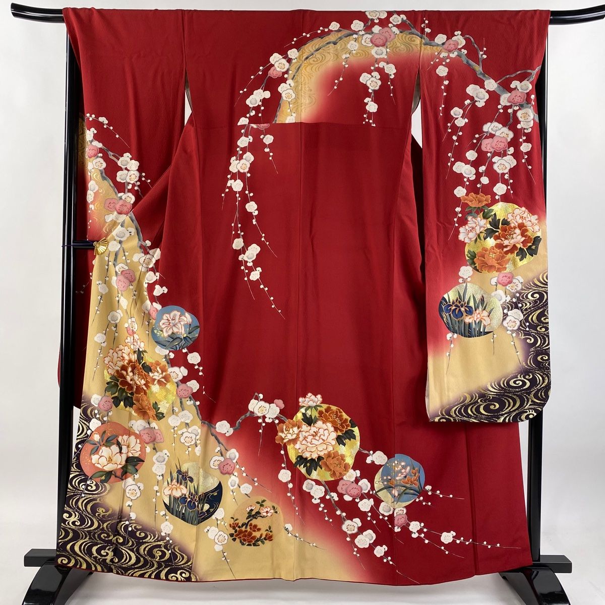 振袖 身丈159.5cm 裄丈67cm M 袷 ますいわ屋 牡丹 枝梅 金糸 金彩 赤 正絹 秀品