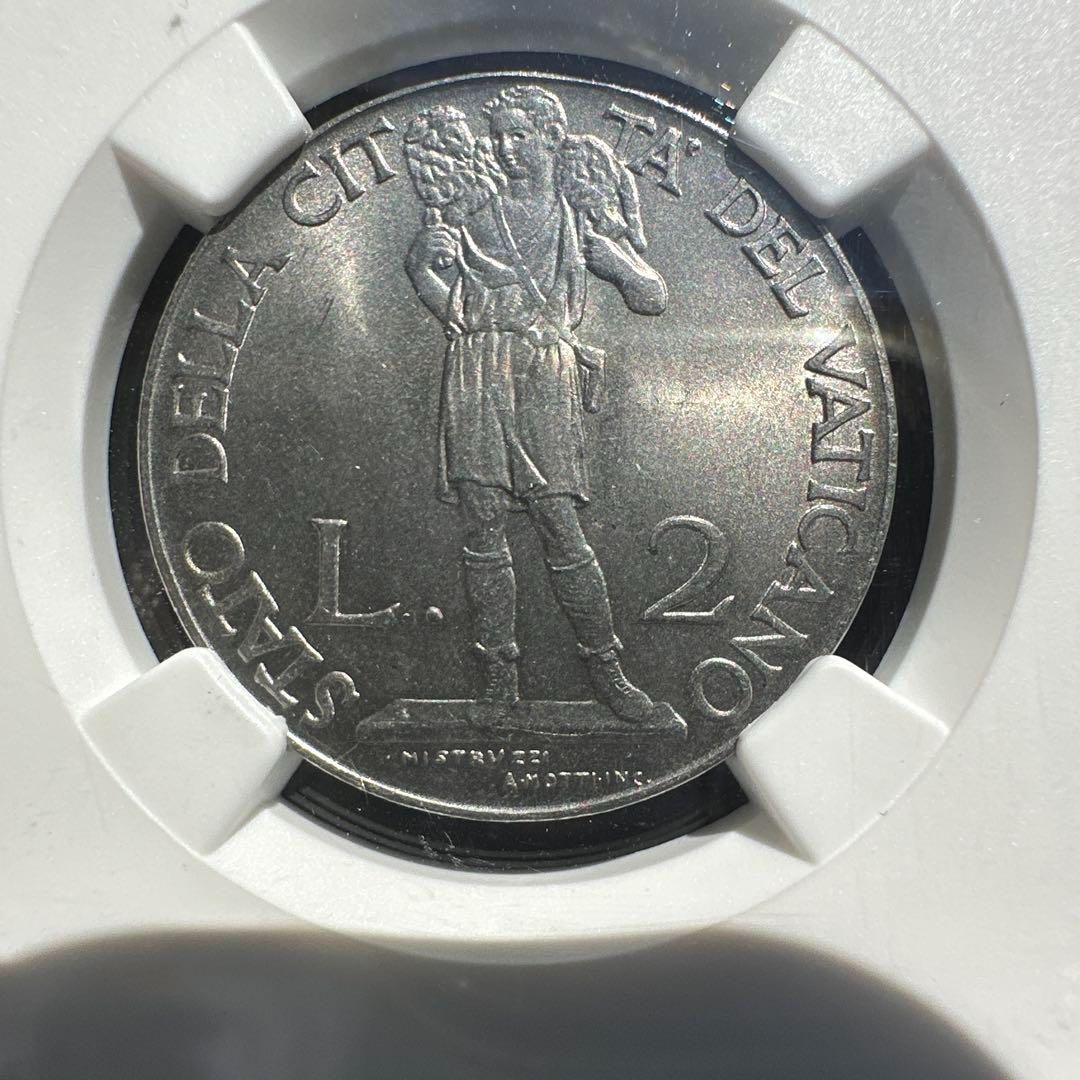 銀貨】1941年 バチカン市国 2リラ NGC MS64／戦前最後の銀貨・ピウス12