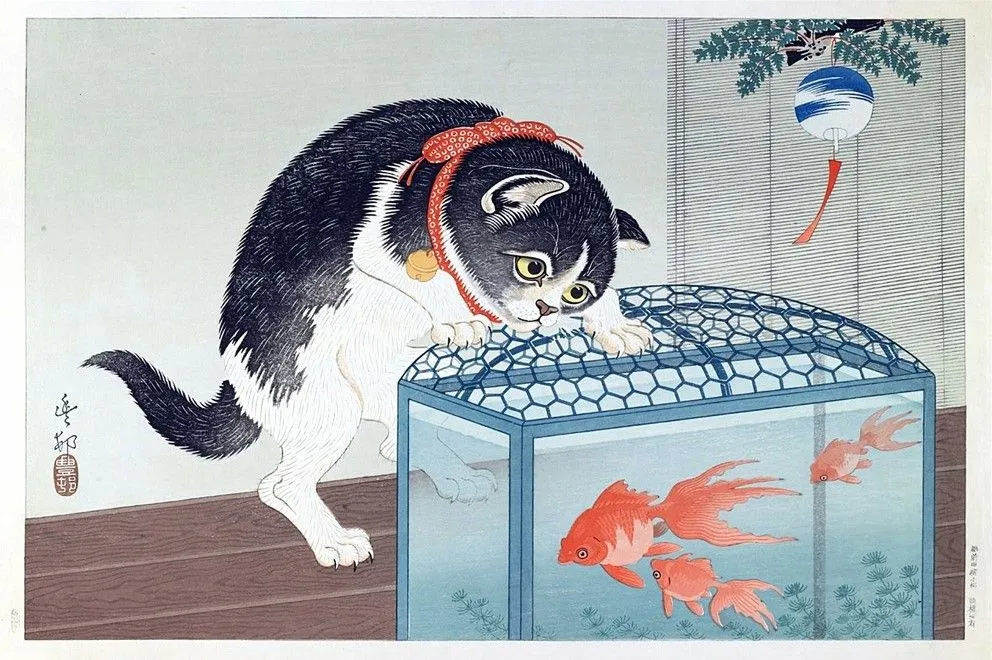 小原古邨 雪の柳に烏 橙色 複製 ポスター 版画 新版画 曰本