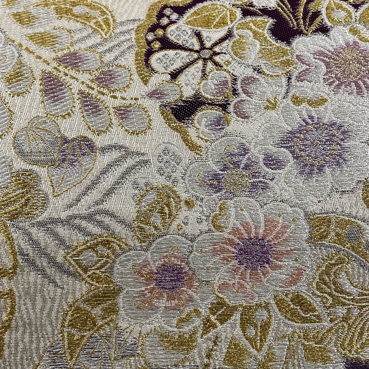 袋帯 秀品 やまと 草花 雪輪 金銀糸 刺繍 クリーム 六通 正絹