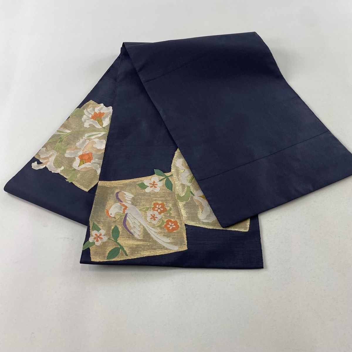 袋帯 秀品 紬地 花唐草 鳥 箔 青灰色 お太鼓柄 正絹 【中古】 袋帯