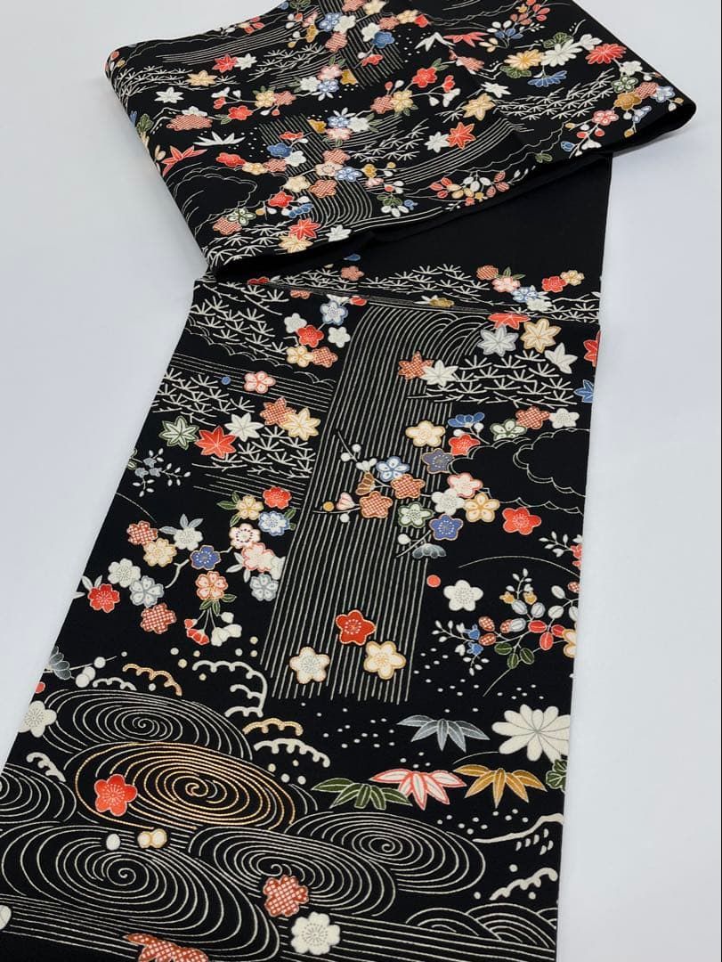 京友禅 御所解 手刺繍 九寸名古屋帯 開き名古屋 金駒 ちりめん 正絹