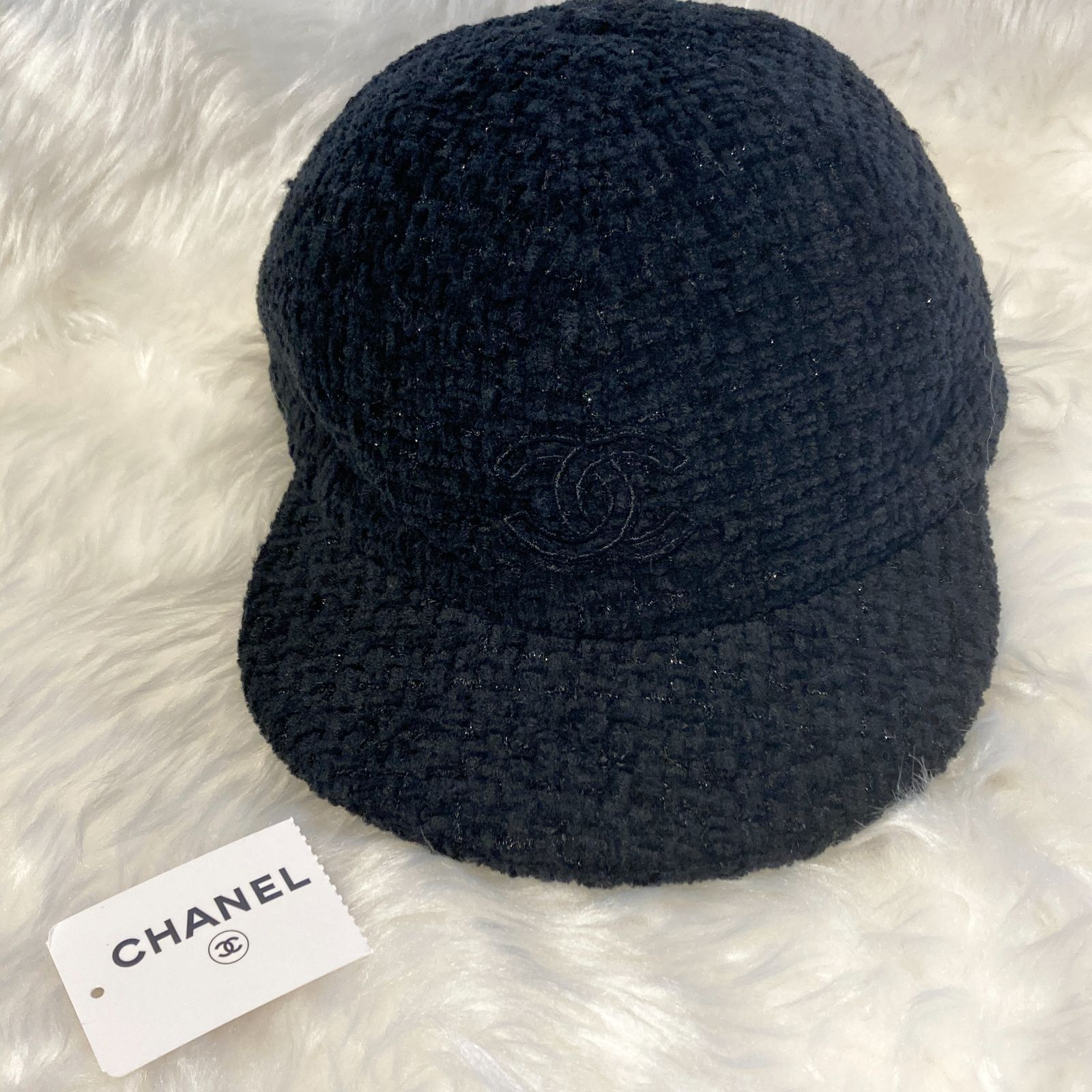 ✨極美品✨ CHANEL シャネル ココマーク 刺繡 ブラック ラメ ツイード ストレート キャップ レディース 帽子 PAWNSHOPRiZ  パウンショップリズ