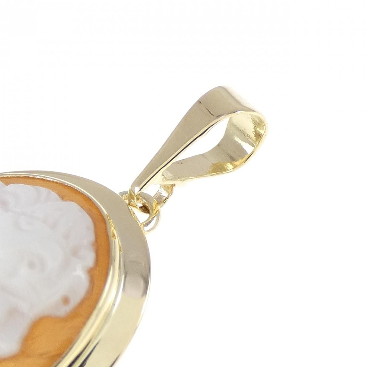 シェルカメオ ペンダントトップ ブローチ K18YG 女性 横顔 鳥 花