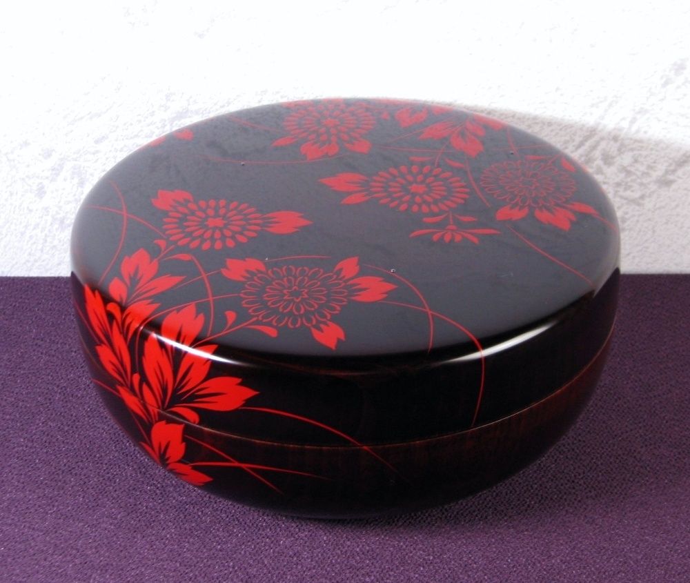 輪島塗 和田寿峰作 朱菊絵内山筋 溜喰籠 幅 21cm 共箱 共布 茶道具|25i009