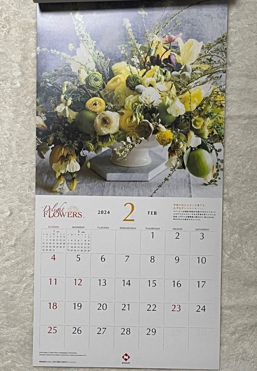 壁掛けカレンダー 2024（令和6）年 デイライトフラワーズ花 日本生命