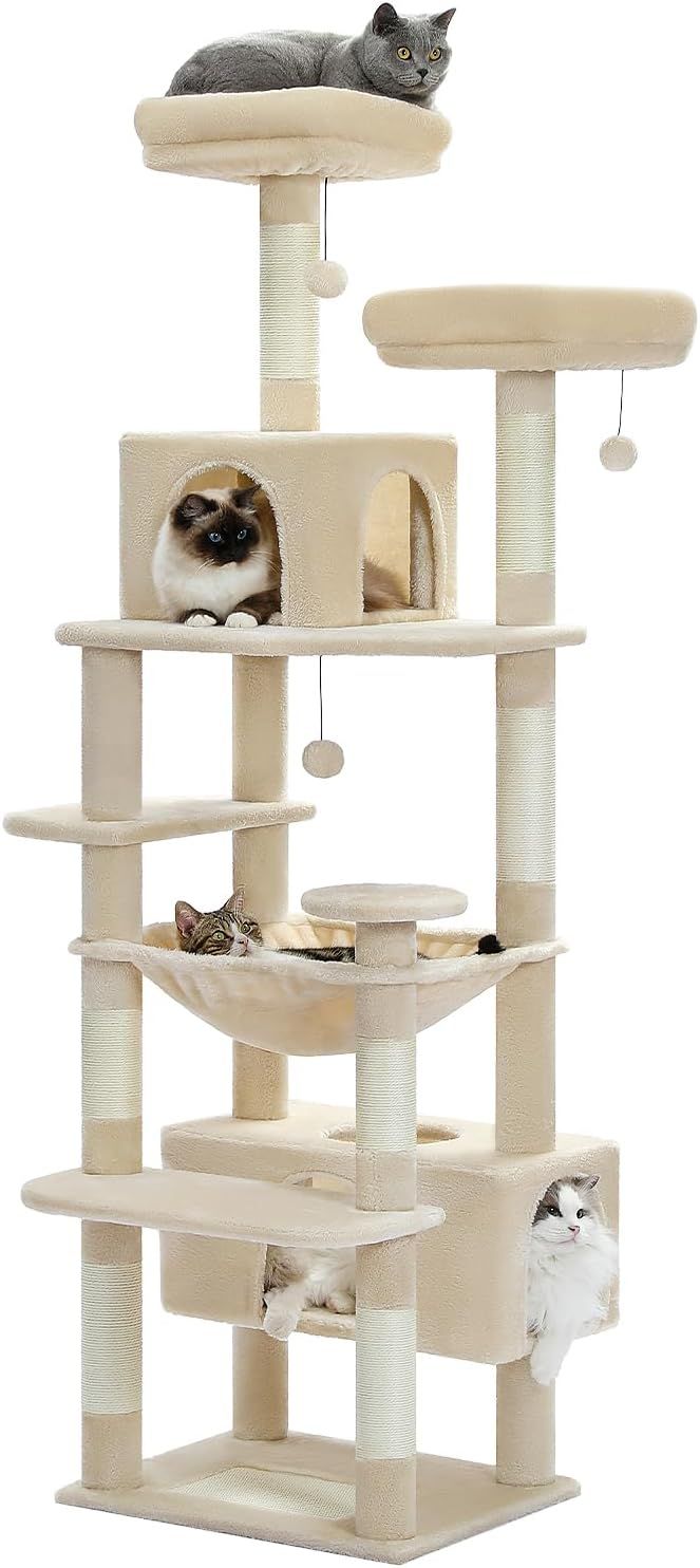 PETEPELA ぺテぺラ キャットタワー 大型猫用 コンパクト 多頭飼い 据え置き型 スリム ハンモック 麻紐爪とぎポール 猫のおもちゃ 転倒防止ベルト付き 展望台 猫ベッドカバー取り外し 運動不足解消 - 高さ180cm ベージュ