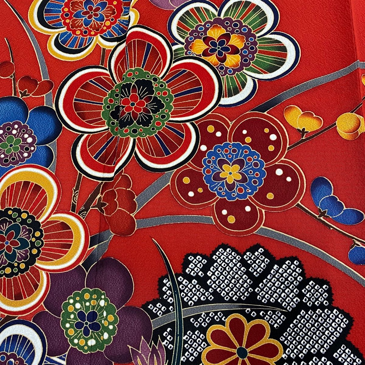 振袖 身丈159cm 裄丈66cm M 単衣 二尺袖 梅 流水 赤 正絹 美品 秀品  