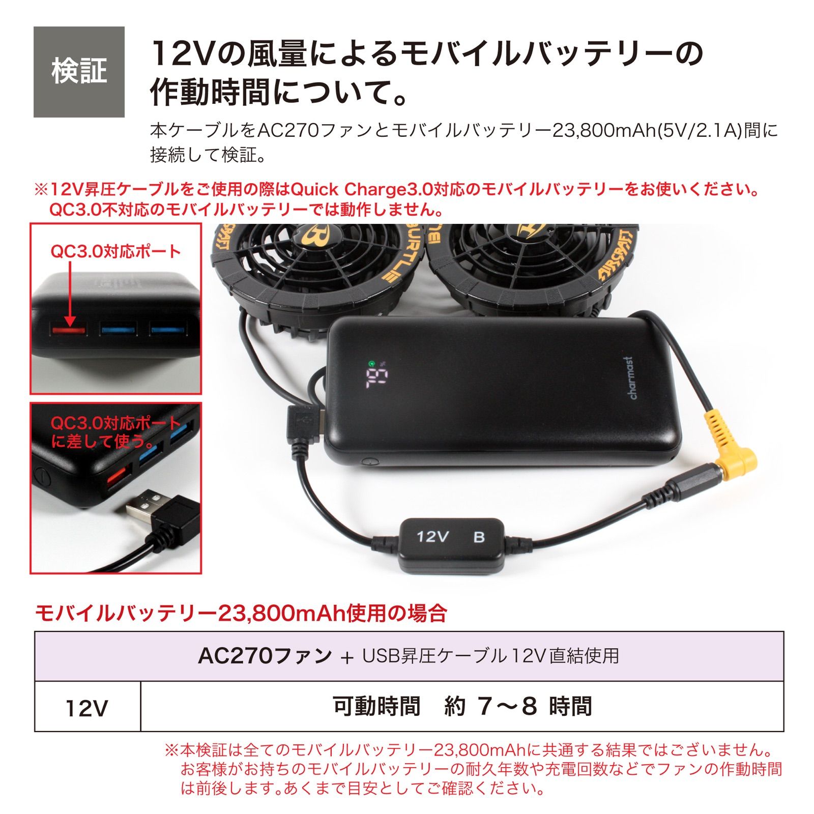 バートル 空調服 12v固定 ＱＣ3.0 モバイルバッテリーが使える変換