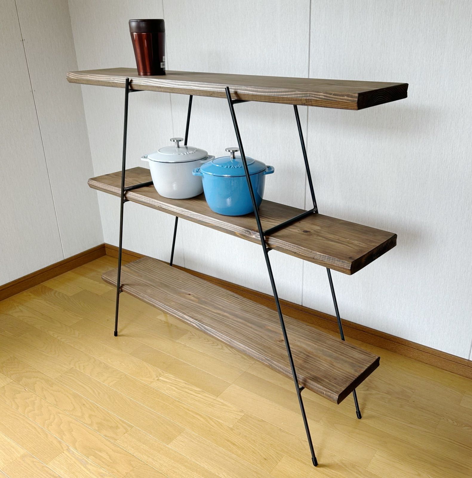 カフェ板×アイアン】3段シェルフ｜古材風ジャコビーン仕上げ 古 材 板