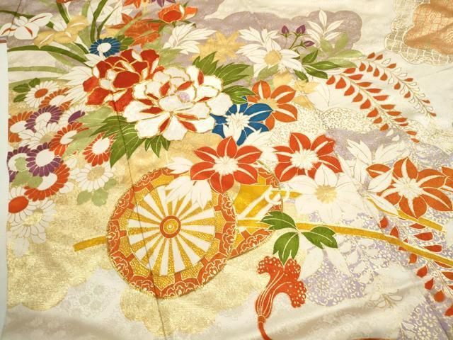 厳選◆古布◆素晴らしい江戸縮緬の祝着◆刺繍◆雀◆振袖◆正絹◆丈148.5 平和屋着物▽豪華振袖 駒刺繍 流水草花文 金彩 やまと謹製 正絹
